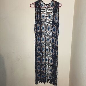 Boho Flowy Blue Crocheted Long Vest Cover Up in Size M/L Fringe/Tassels